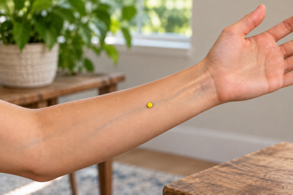 Close-up of an inner forearm with a yellow dot marker midway between the wrist and elbow between the two tendons, indicating PC4.