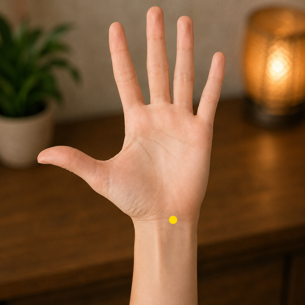 Close-up of an inner wrist with a yellow dot marker in the middle of the wrist crease between the two tendons, indicating PC7.