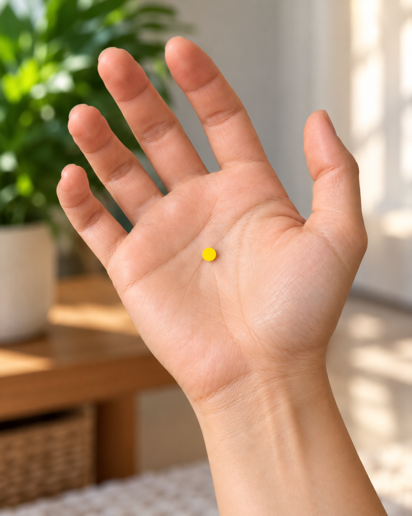 Close-up of a palm with a yellow dot marker in the center where the middle fingertip lands when making a fist, indicating PC8.