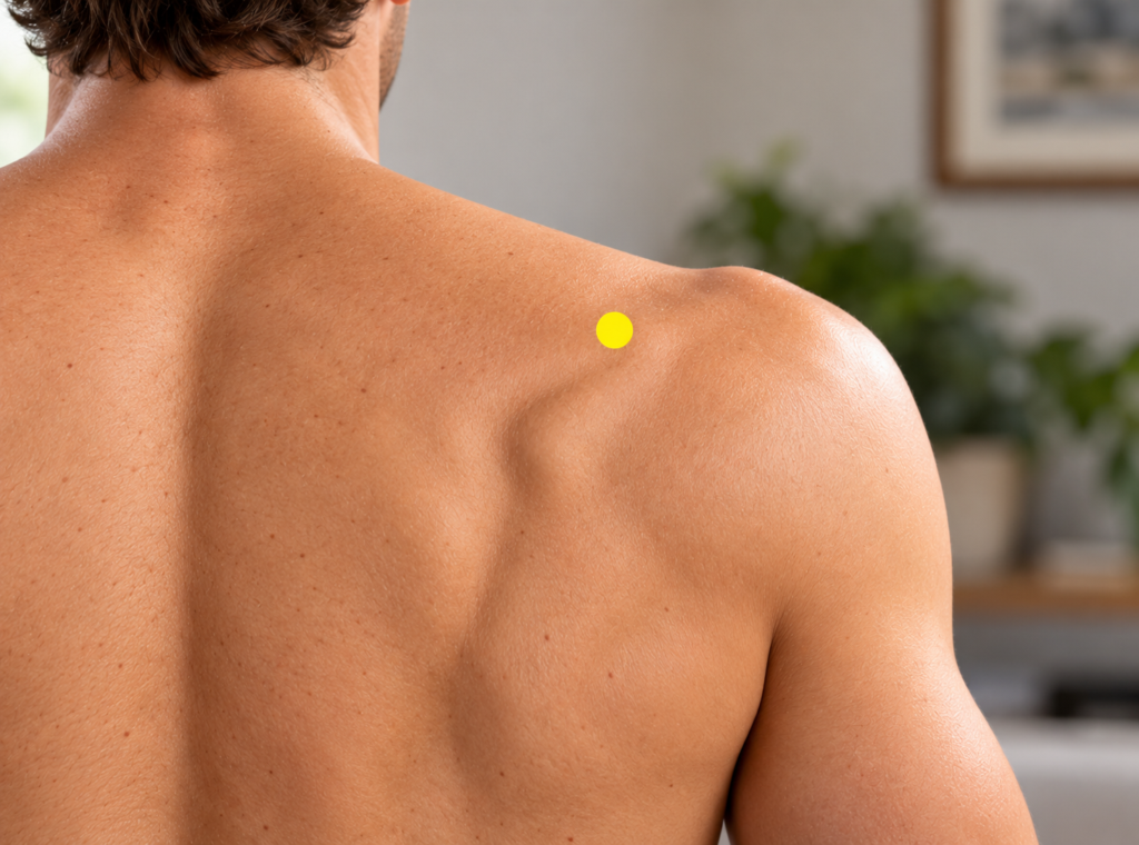 Close-up of an upper back with a yellow dot marker in the hollow just above the ridge across the top of the shoulder blade, indicating SI12.
