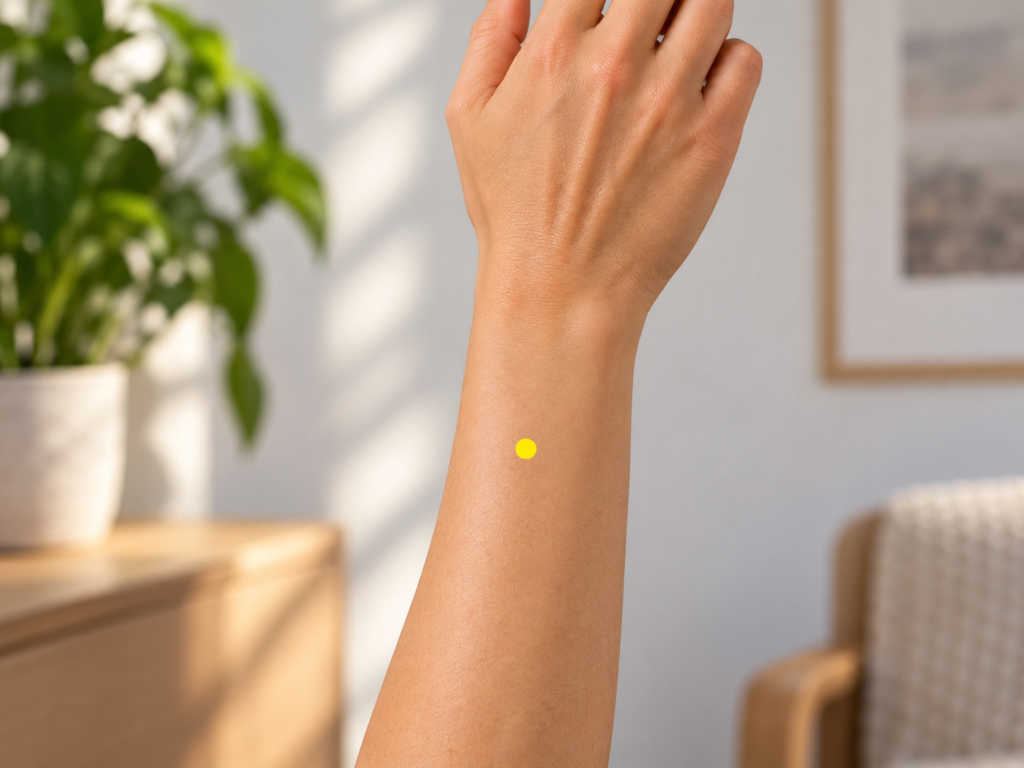 Close-up of the back of a forearm with a yellow dot marker three finger-widths above the wrist crease between the two bones, indicating SJ5.