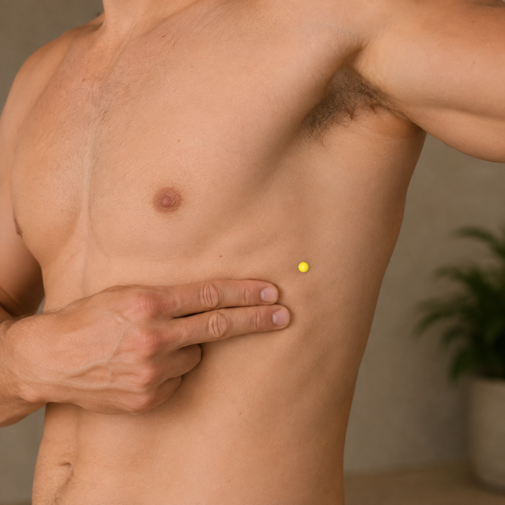 Close-up of the side of the rib cage with a yellow dot marker a hand's width below the armpit, indicating SP21.