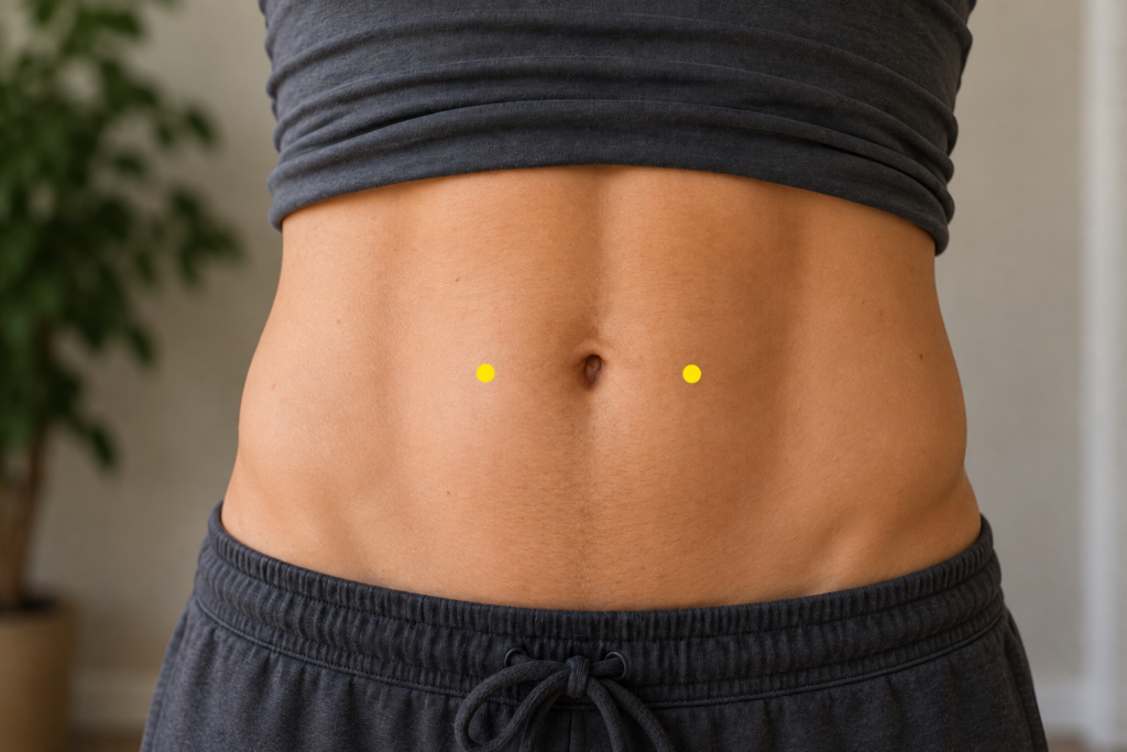 Close-up of a modestly framed abdomen with yellow dot markers three finger-widths to each side of the navel, indicating ST25.