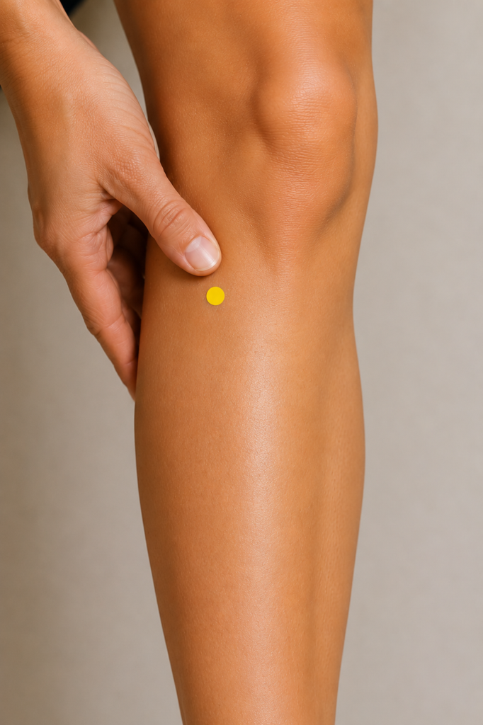 Close-up of a lower leg with a yellow dot marker four finger-widths below the kneecap and one finger-width outside the shinbone, indicating ST36.