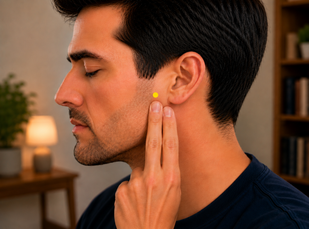 Close-up of fingertips pressing gently on ST7, the acupressure point in the hollow just in front of the ear below the cheekbone.