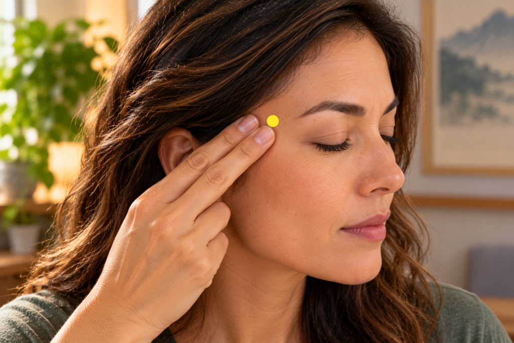 Close-up of fingertips pressing Taiyang, the acupressure point in the soft hollow at the temple behind the outer end of the eyebrow and the outer corner of the eye.