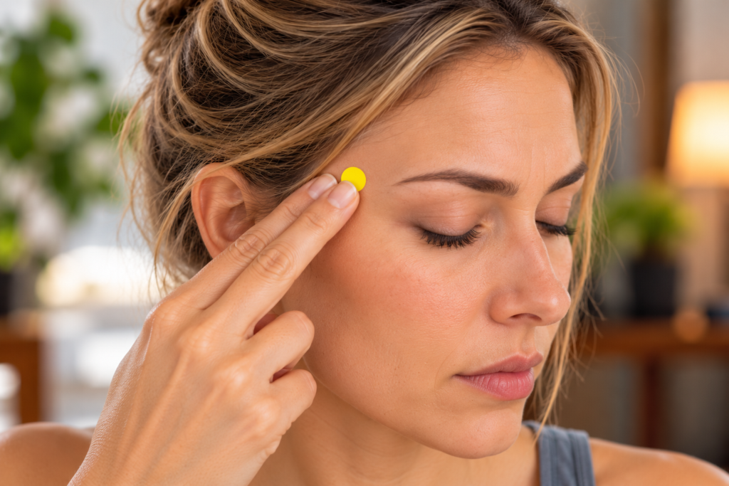 Close-up of fingertips pressing Taiyang, the acupressure point in the soft hollow at the temple behind the outer end of the eyebrow and the outer corner of the eye.