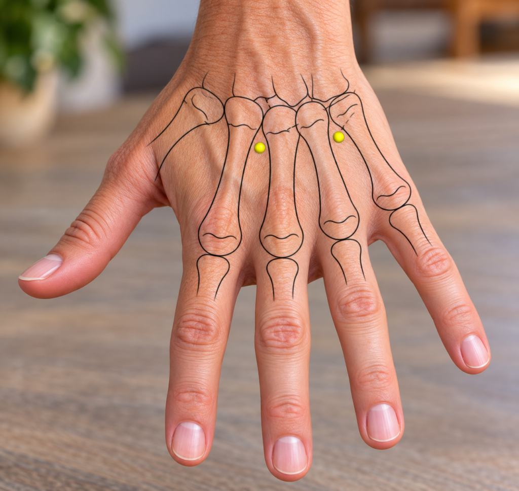 Close-up of a thumb pressing Yaotongxue, the pair of extra points on the back of the hand between the second and third and the fourth and fifth hand bones.