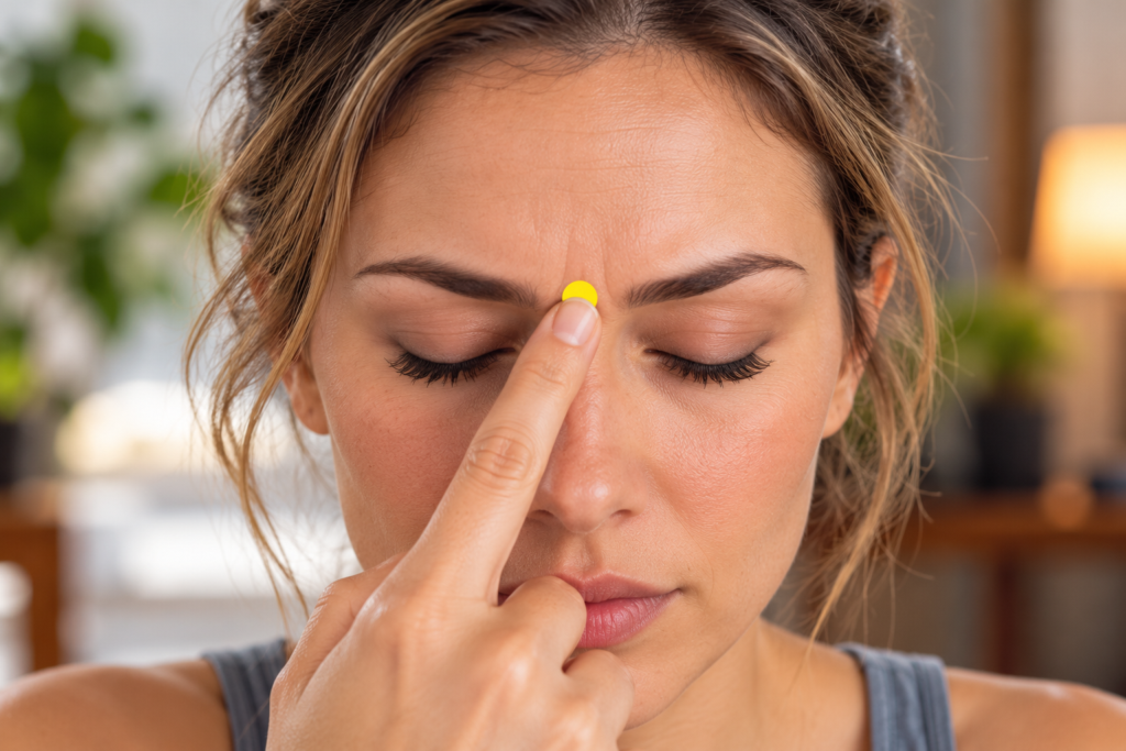 Close-up of a fingertip pressing Yintang, the acupressure point in the small hollow directly between the eyebrows.
