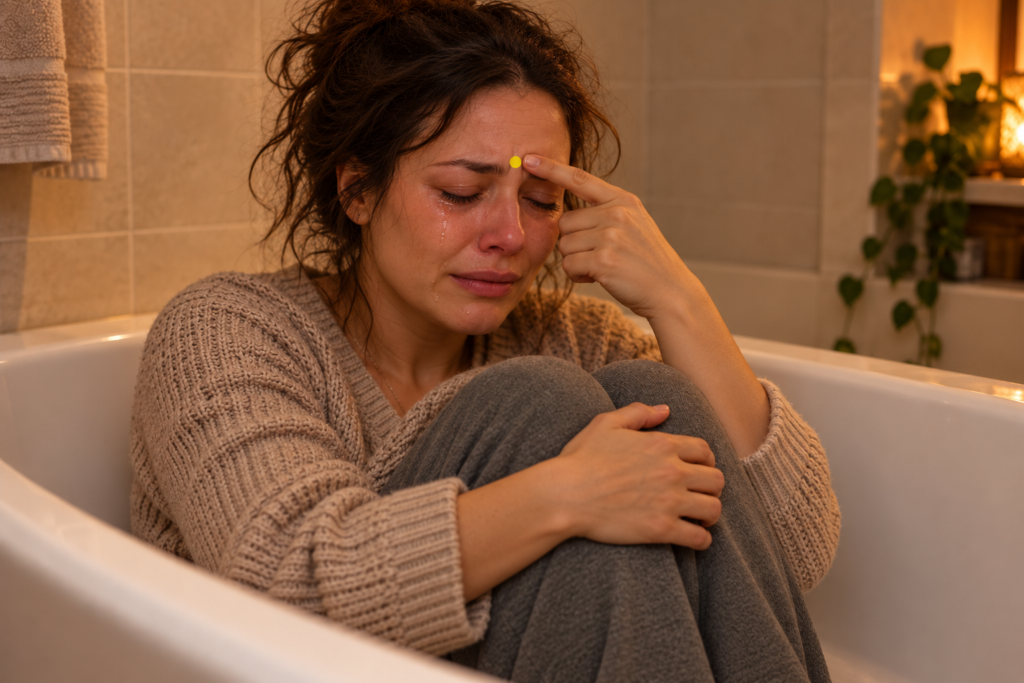 Tearful woman curled up in a bathtub, gently pressing beside a yellow dot between her eyebrows marking Yintang.