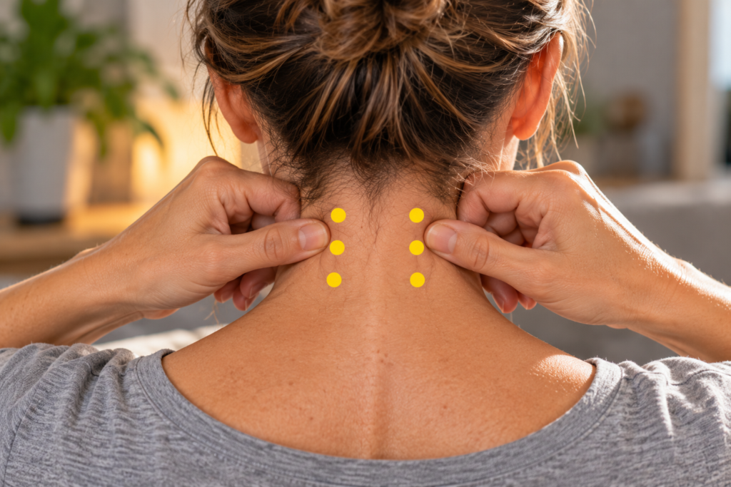 Close-up of the back of the neck with a column of yellow dot markers half a thumb-width to each side of the spine in the lower neck, indicating the cervical Jiaji points.