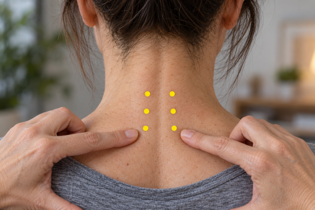 Close-up of the back of the neck with a column of yellow dot markers half a thumb-width to each side of the spine in the lower neck, indicating the cervical Jiaji points.