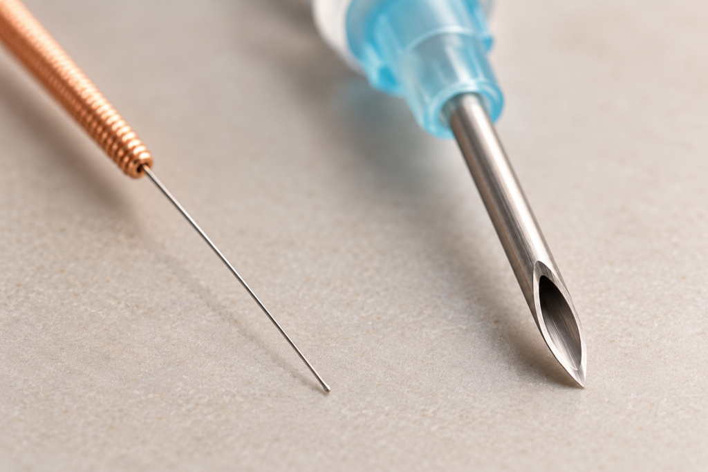 Close-up comparison showing a very thin, solid acupuncture needle beside a much thicker, hollow injection needle.