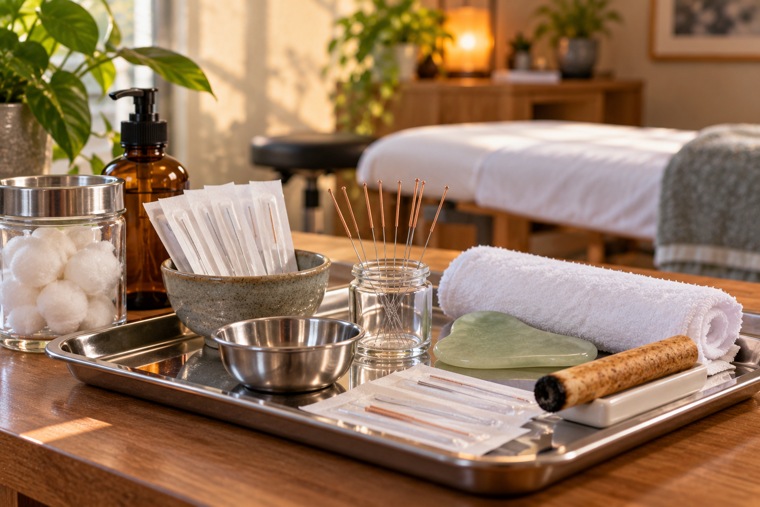 Fine acupuncture needles, sterile needle packets, cotton balls, and treatment supplies arranged on a stainless steel tray in a peaceful acupuncture clinic.