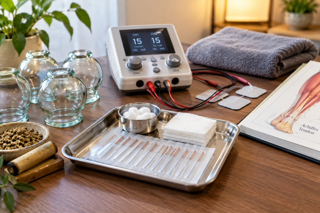 Acupuncture treatment setup featuring sterile needles, an electroacupuncture stimulation machine, glass cupping jars, moxa sticks, and an anatomical illustration of the Achilles tendon.
