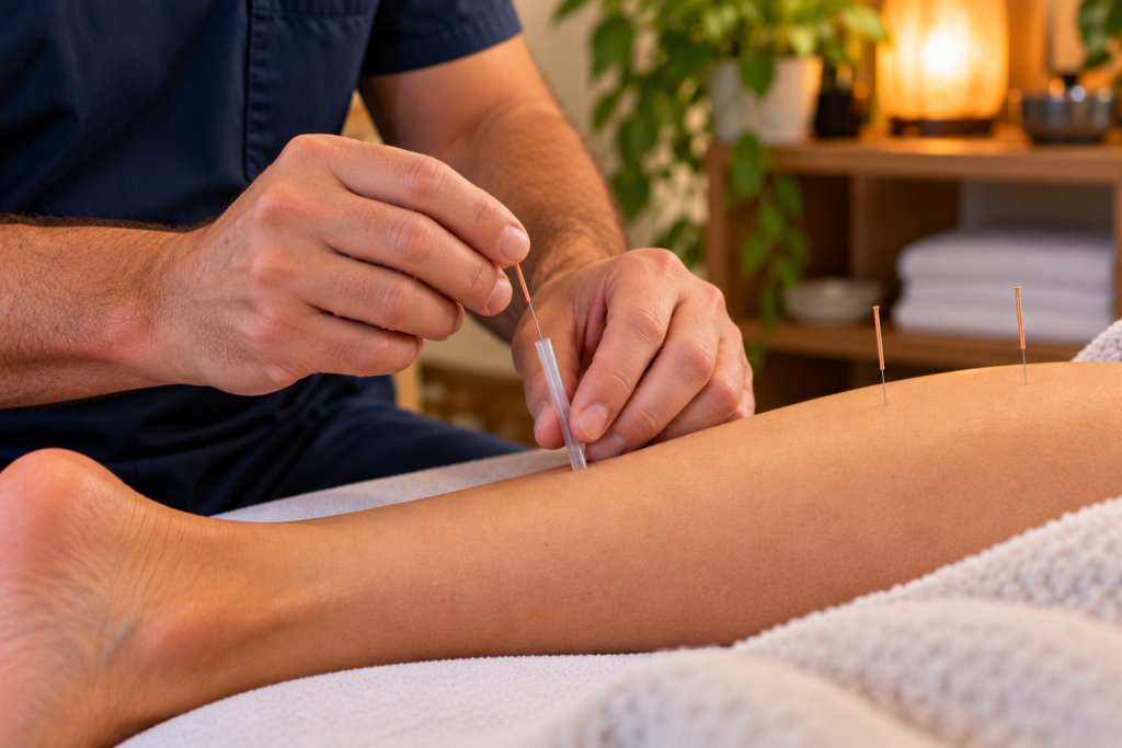Close-up of an acupuncturist’s gloved hands tapping a fine needle into a person’s lower leg through a small guide tube.