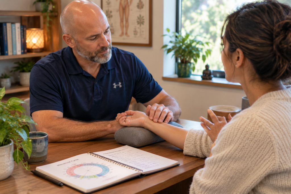 Acupuncturist gently feeling the pulse at a person’s wrist while the person describes their symptoms.