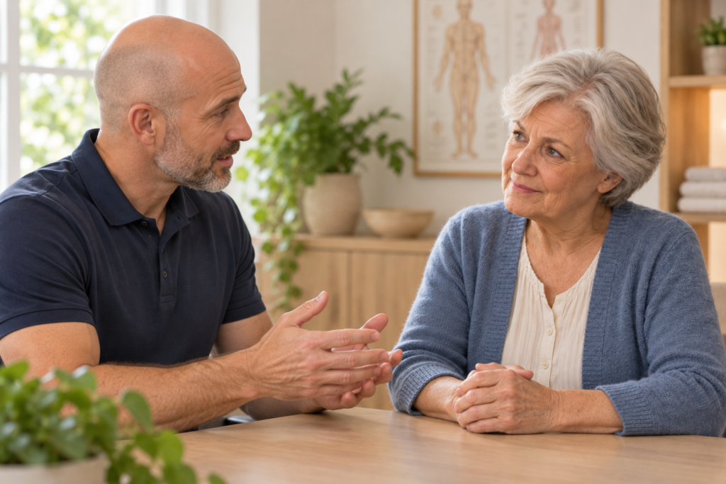 Acupuncturist explaining thoughtfully to an older woman listening hopefully in a consultation room.