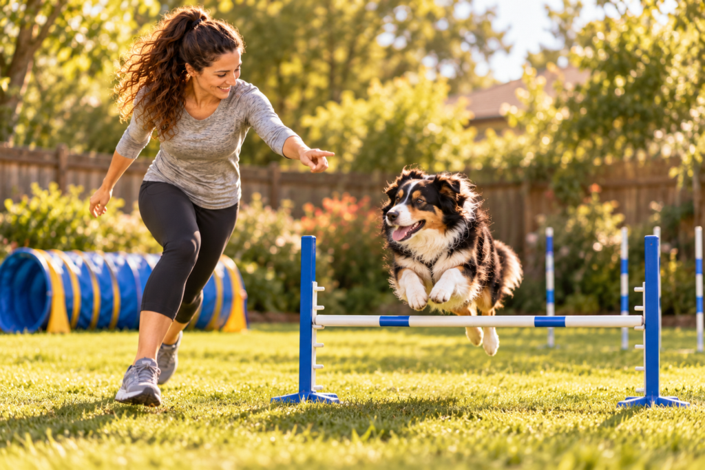 Dog jumping a low bar on a backyard agility course while its owner runs alongside.
