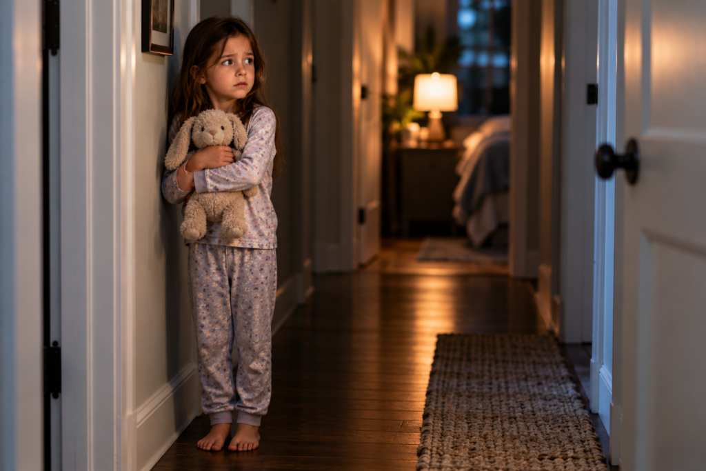 Child standing alone in a dimly lit hallway, looking uncertain.