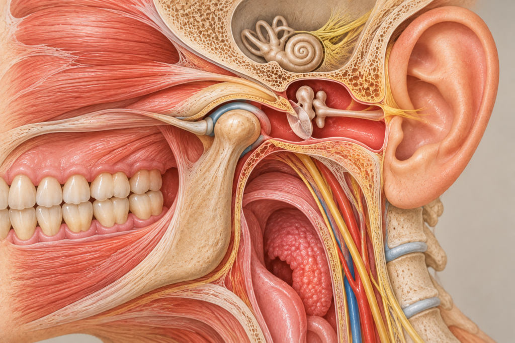 Detailed anatomical cross-section of the ear, jaw, teeth, throat, and neck showing structures that can contribute to ear pain.