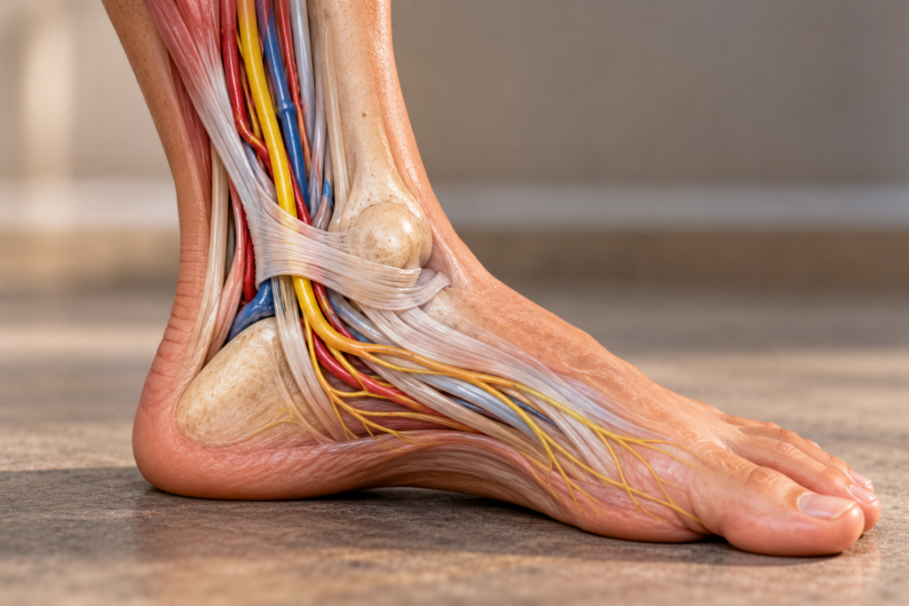 Anatomical illustration of the inner ankle and foot showing the tibial nerve, tendons, blood vessels, and surrounding structures of the tarsal tunnel.