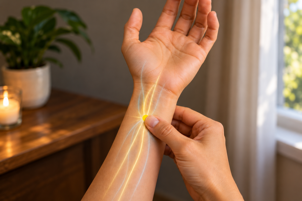Close-up of a hand applying thumb pressure to PC6 on the inner forearm, with a yellow dot and glowing energy pathways highlighting the acupressure point.