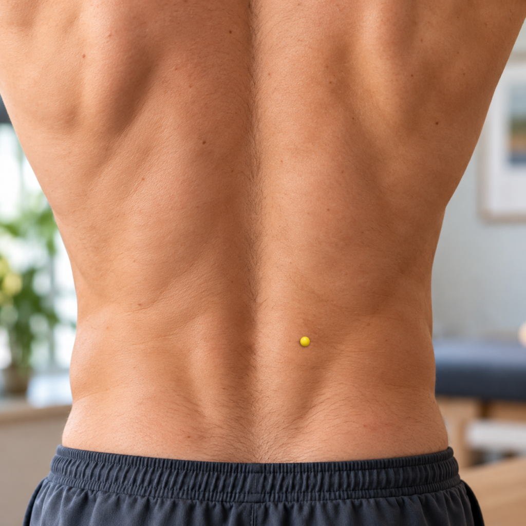 Close-up of the middle back, with yellow dots marking BL49 to each side of the spine above the hips.