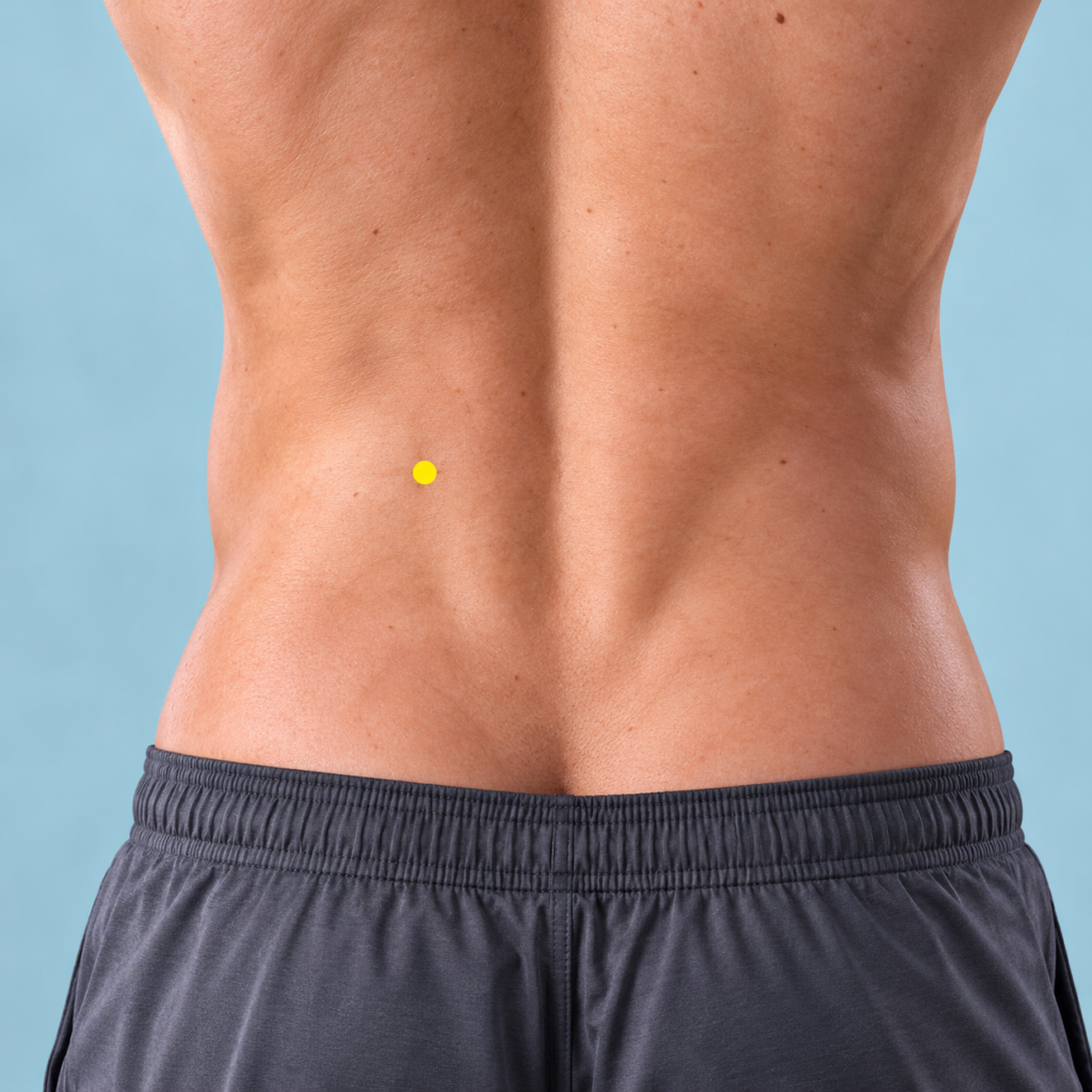 Close-up of the lower back, with yellow dots marking BL52 to each side of the spine level with the navel.