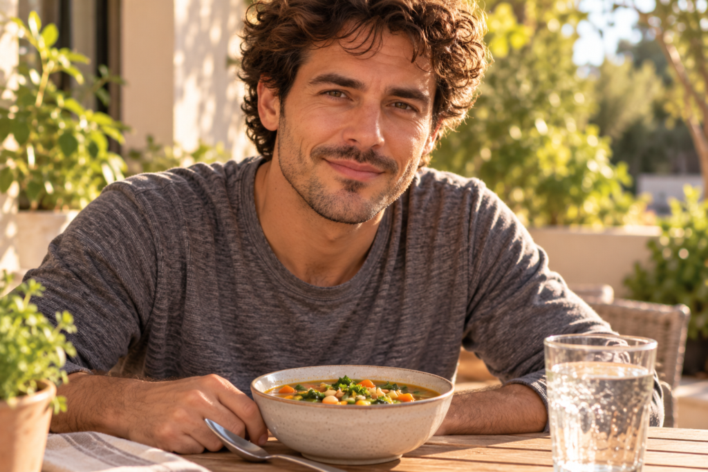 Person on a sunny patio with a bowl of soup and a glass of water, looking refreshed.