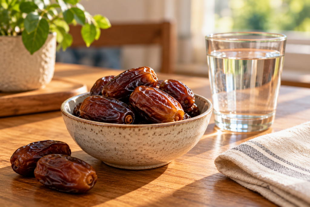Small ceramic bowl of fresh dates on a wooden table beside a glass of water.