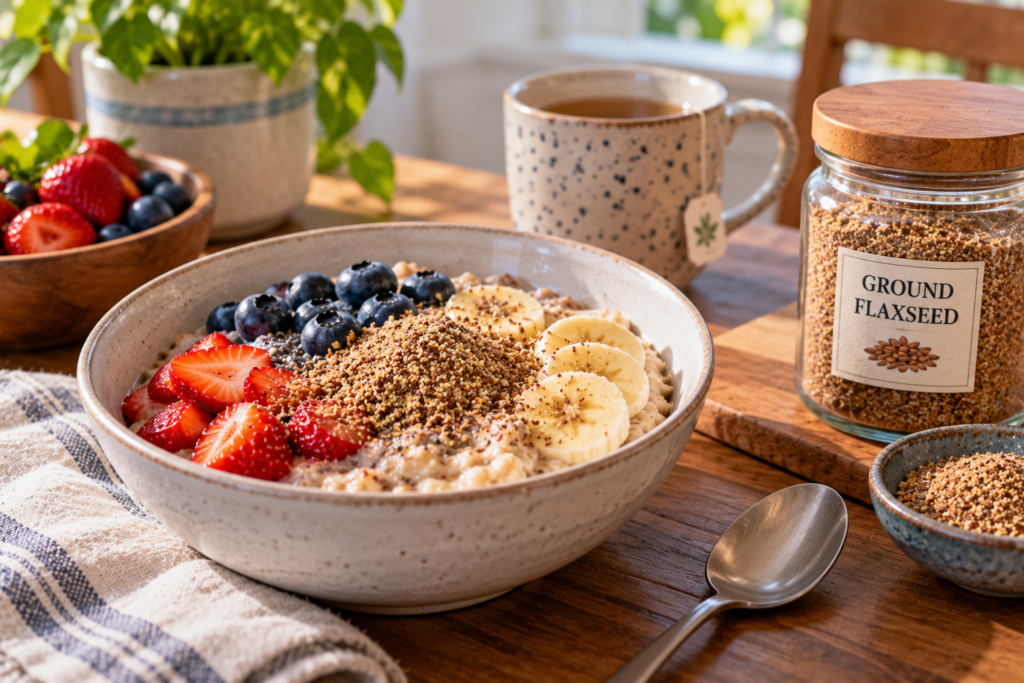 Bowl of warm oatmeal topped with ground flaxseed, berries, and a spoon beside a small jar of flaxseed.