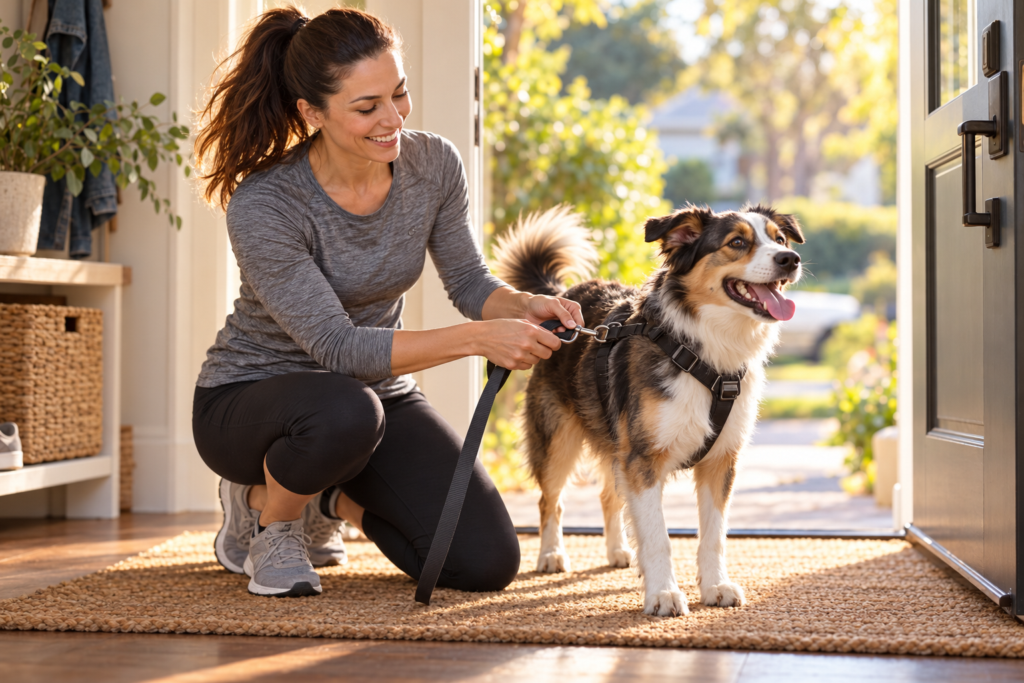 Person kneeling to clip a leash onto an excited dog's harness at a front door.