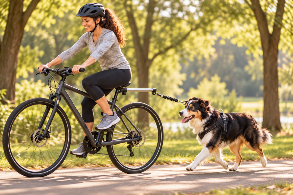 Person cycling slowly on a quiet path with a dog trotting alongside on a bike attachment.