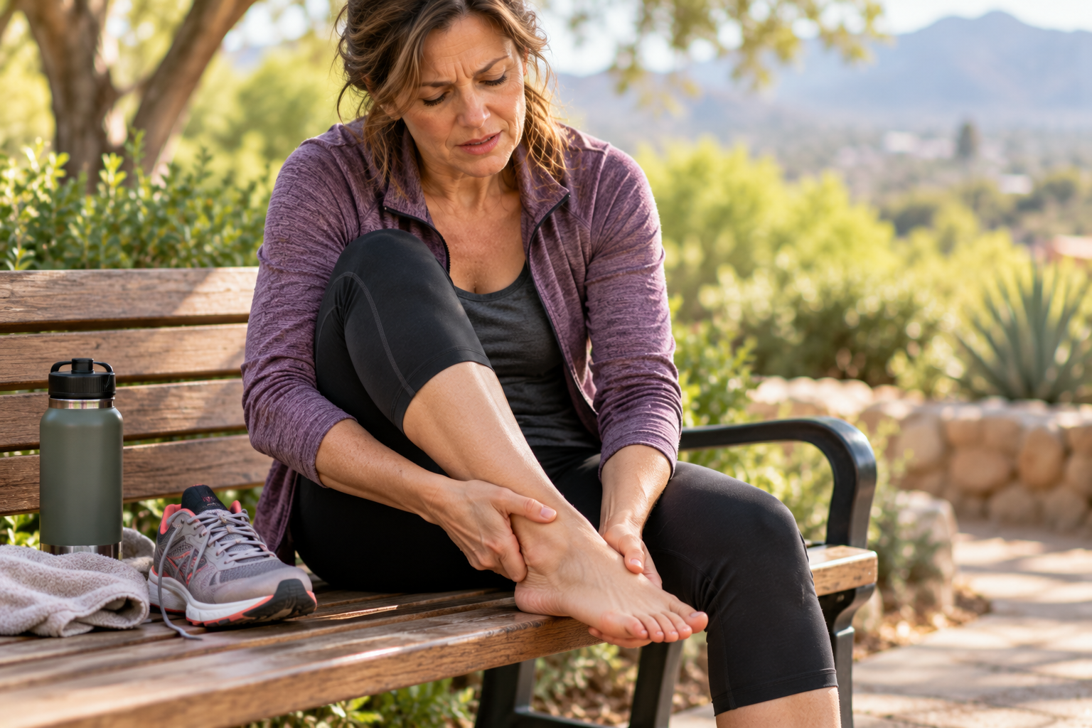 Person seated on a bench with one shoe off, holding the inner ankle and arch, looking pained.