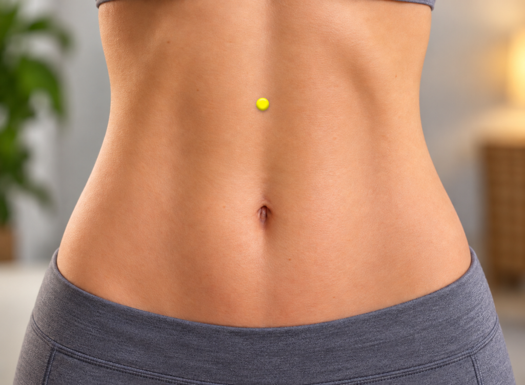 Close-up of the upper abdomen over a fitted shirt, with a yellow dot marking CV14 below the breastbone.