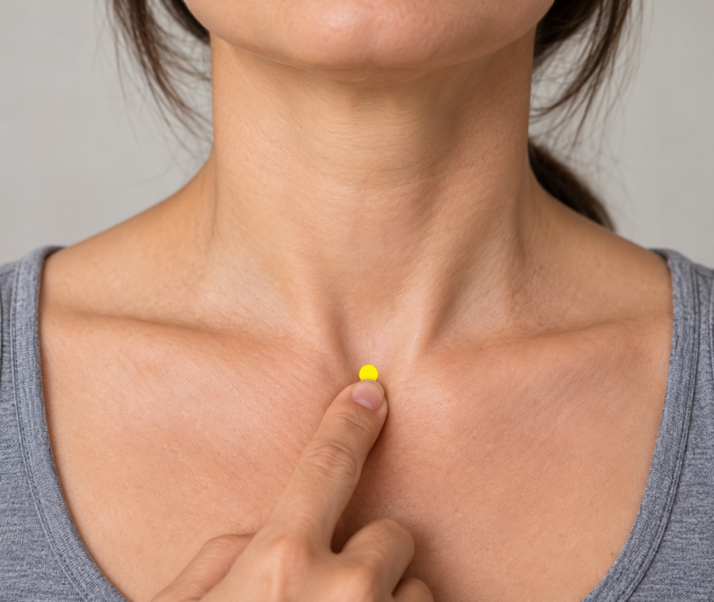 Close-up of the front of the neck, with a yellow dot marking CV22 in the hollow above the breastbone.