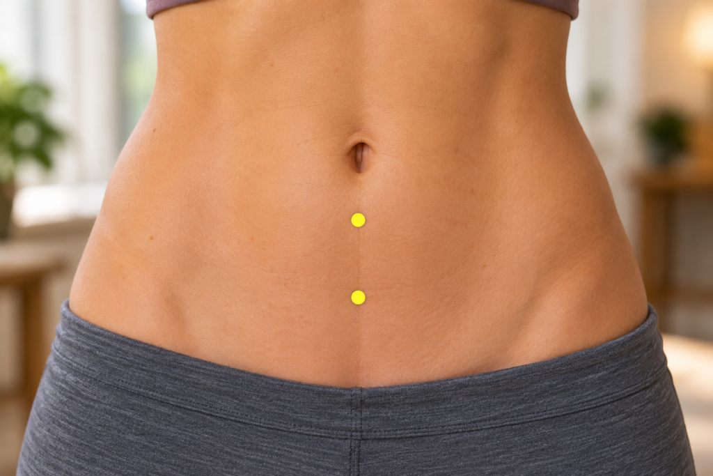 Illustration of the lower abdomen with yellow dots marking CV6 two finger-widths and CV4 four finger-widths below the navel.