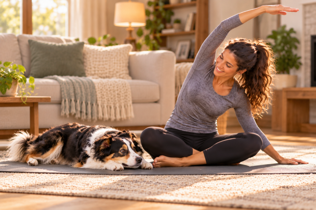 Person in a seated yoga stretch on a mat with a calm dog relaxing beside them.