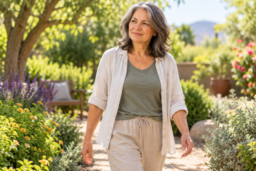 Person walking calmly through a sunny garden in loose clothing, arms relaxed, looking eased.