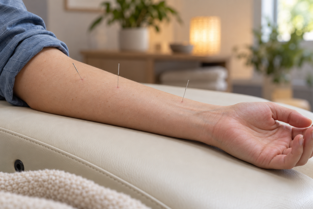 Fine acupuncture needles on the inner forearm of a relaxed patient in soft warm light.
