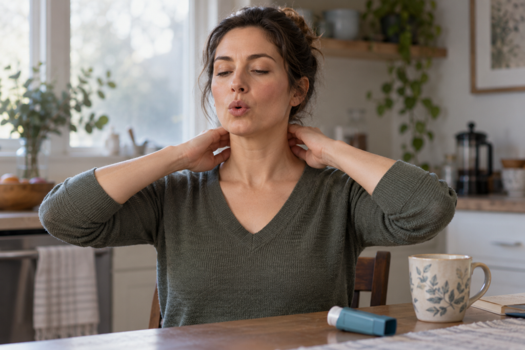 Person sitting upright pressing both sides of the base of the neck, breathing out through pursed lips.