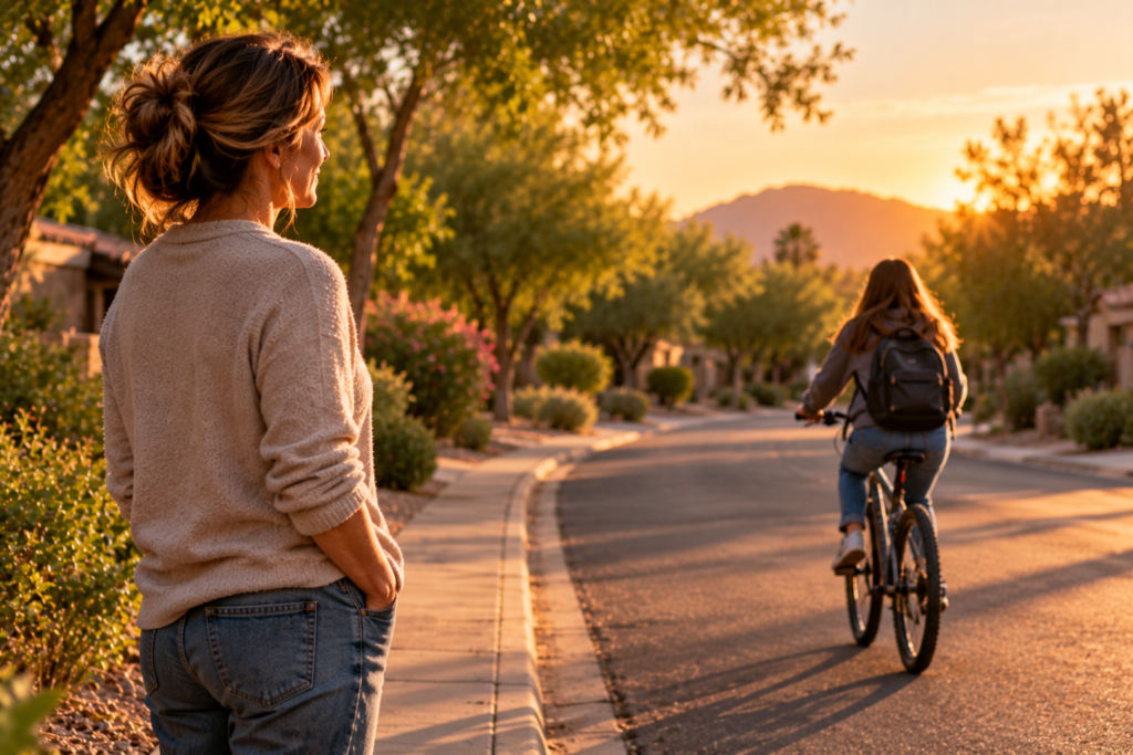 Parent watching warmly from a distance as a teenager rides a bicycle down a quiet street.