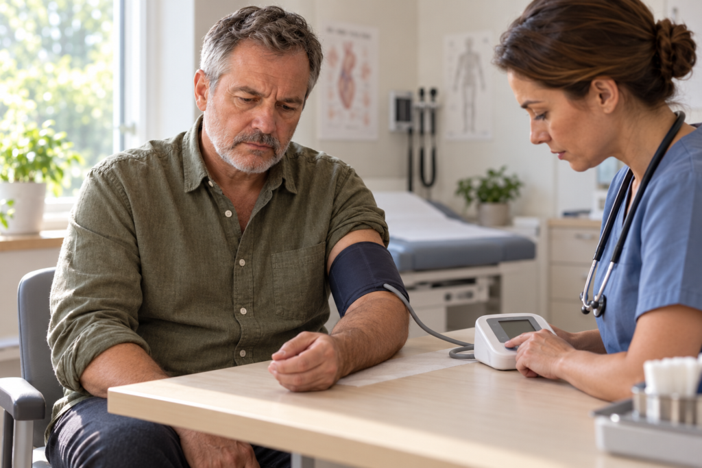 Man in his 50s seated in a doctor’s office while a nurse measures his blood pressure with an upper-arm cuff.