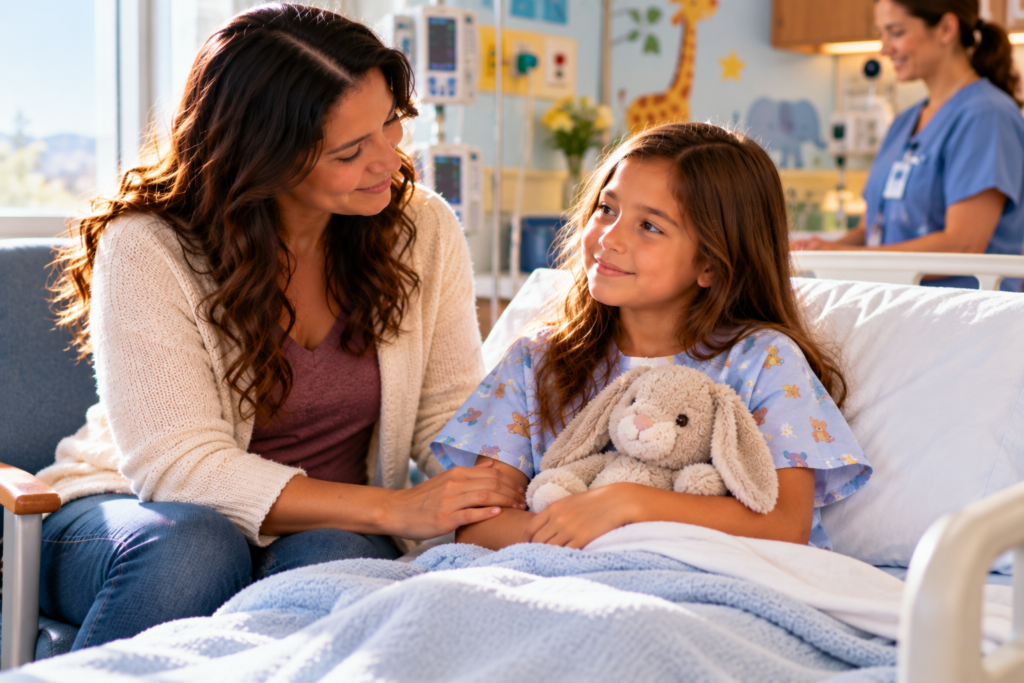 Calm child sitting on a hospital bed with a parent nearby, waiting peacefully before a procedure.