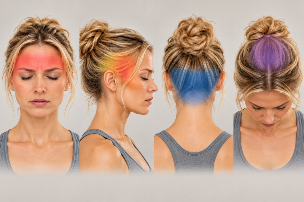 Illustration of a human head with four softly colored zones on the forehead, the temples and sides, the back of the head, and the crown, showing how Chinese medicine maps headaches to different channels.
