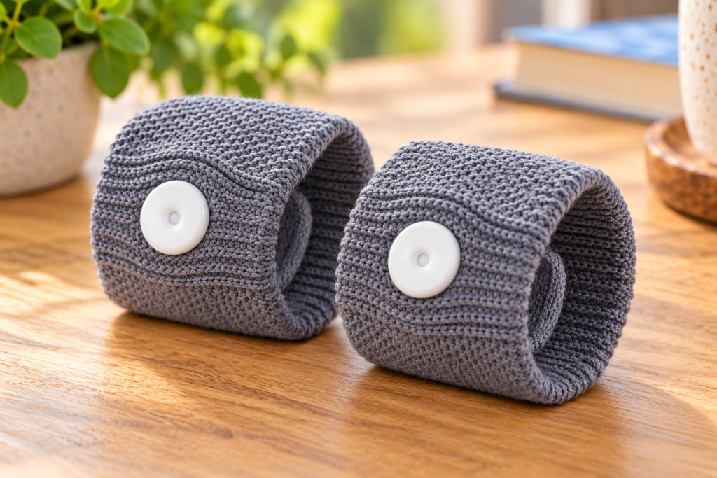 Two gray knitted acupressure wristbands with white circular plastic studs resting on a wooden tabletop.