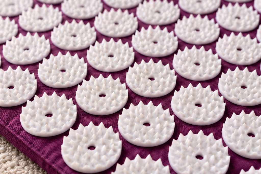 Close-up of an acupressure mat showing rows of round plastic discs, each covered with small spikes
