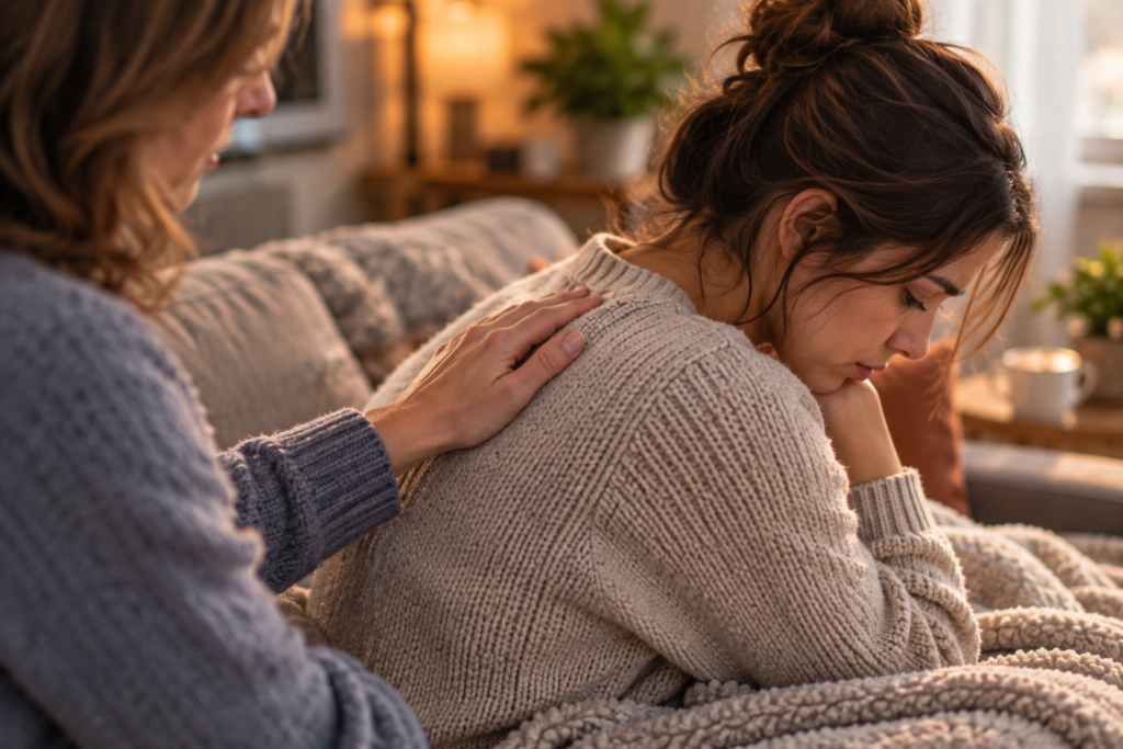 Caring hand gently resting on another person's upper back as they sit on a couch.