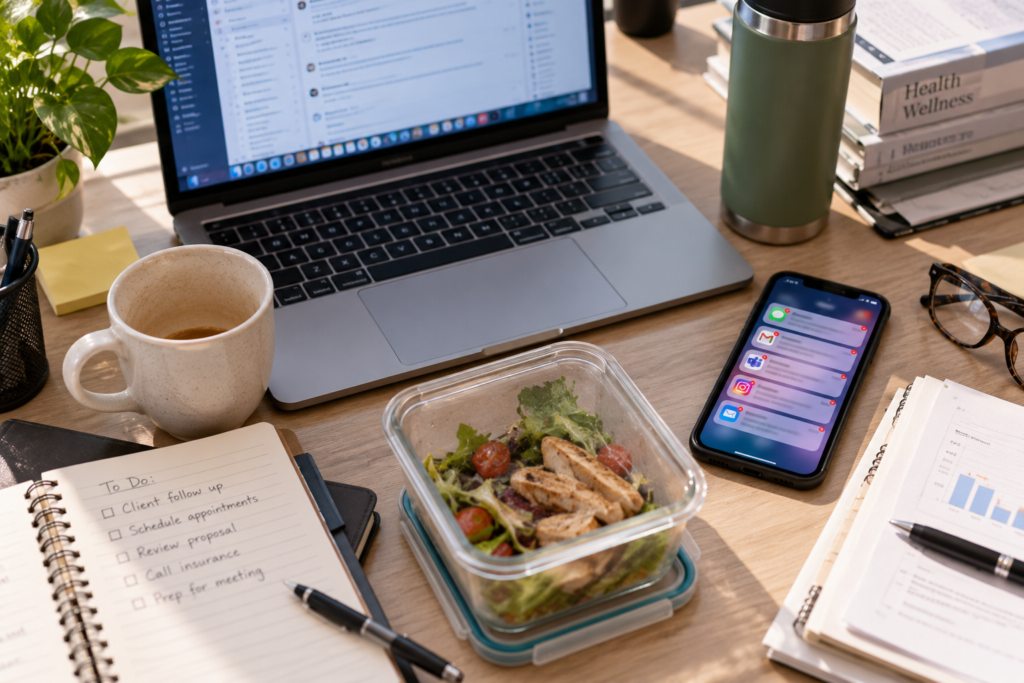 Busy desk with a bright laptop screen, an empty coffee cup, an untouched lunch, and a phone full of notifications, illustrating common headache triggers.